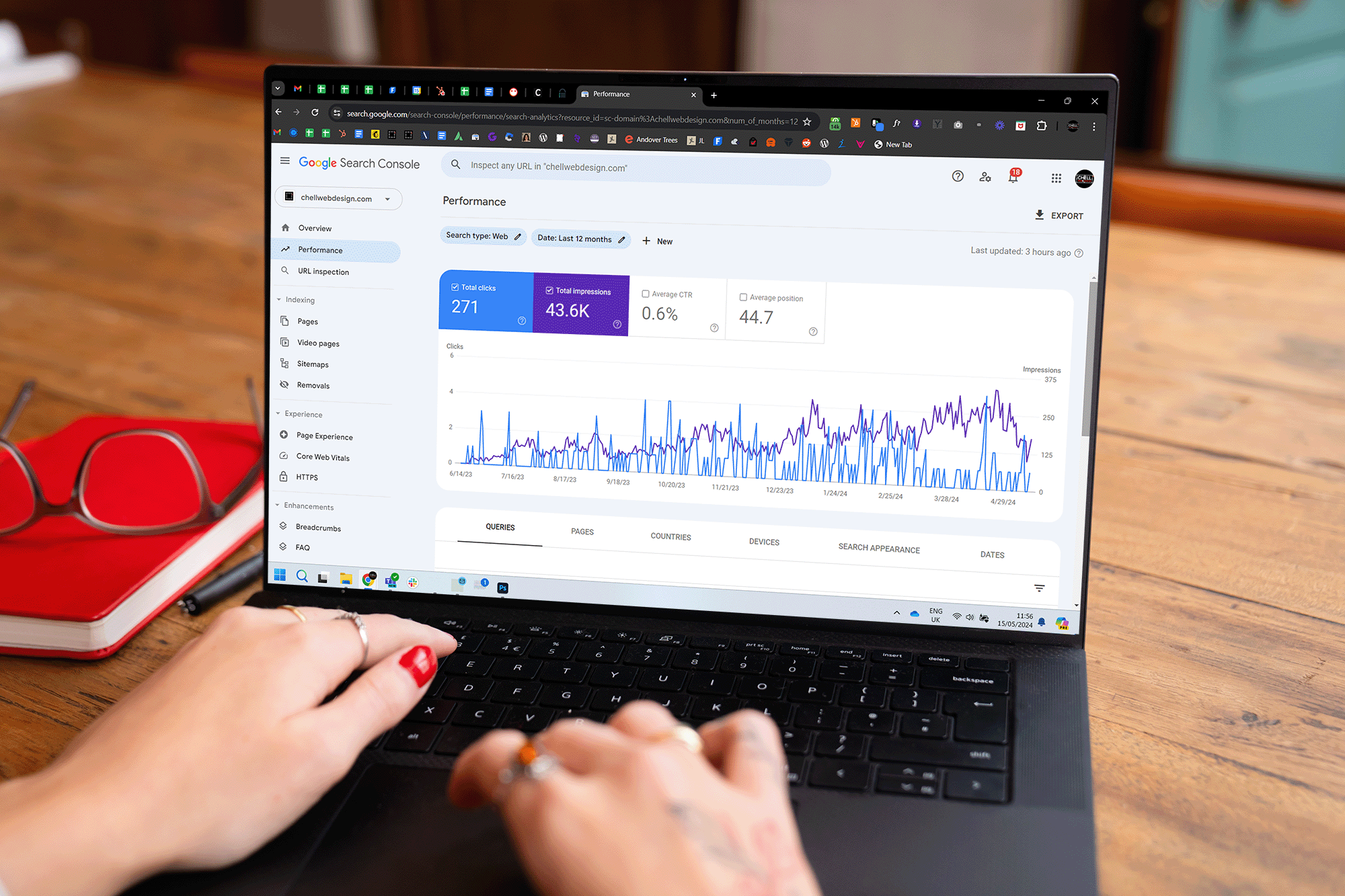 Full Laptop Mockup – Search Console Sasha Mitchell Chell Web & Design laptop working website design graphics maintenance SEO agency bespoke web graph stats google search console get found online