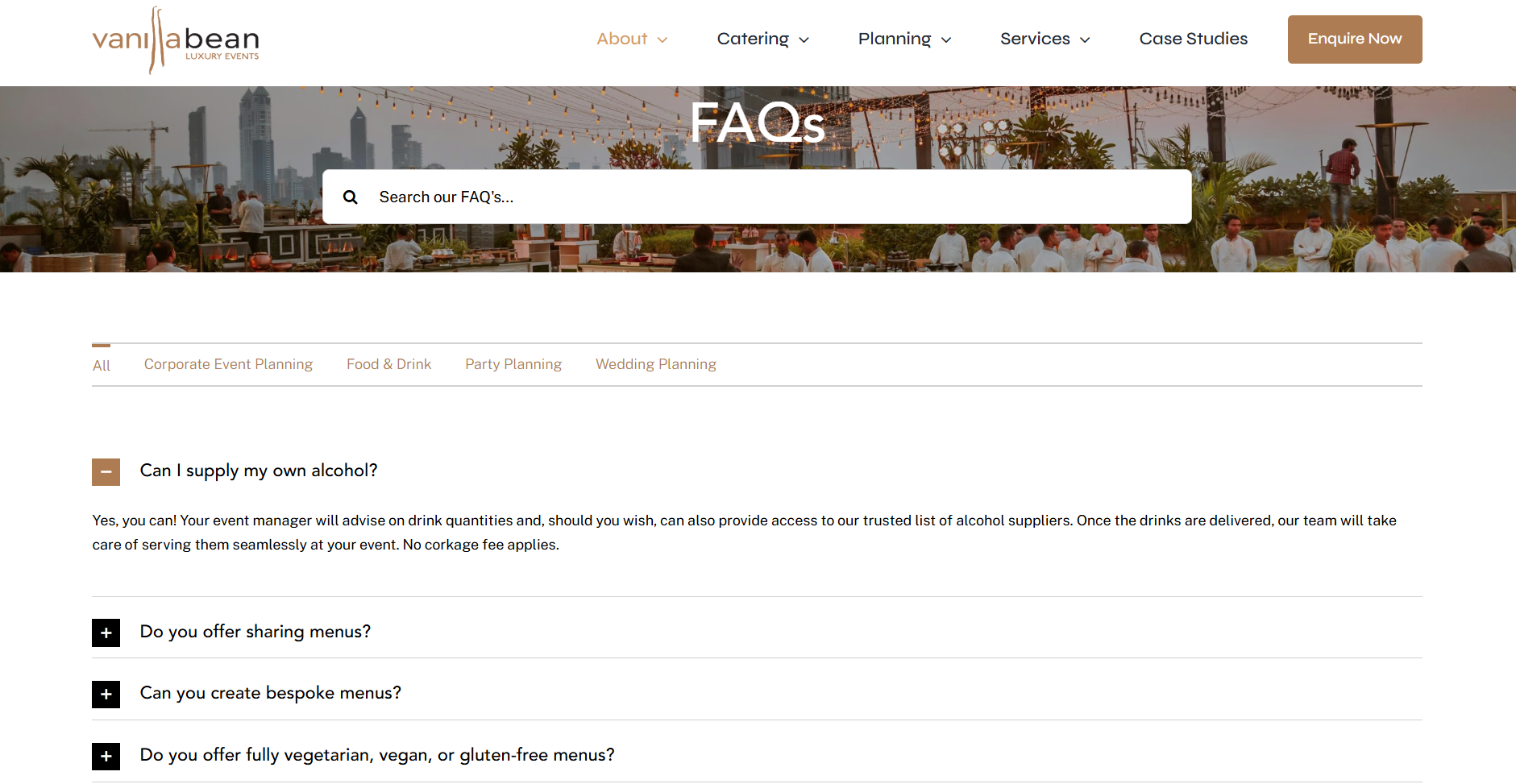 Vanilla Bean Luxury Events Wordpress website design client - FAQ's Example