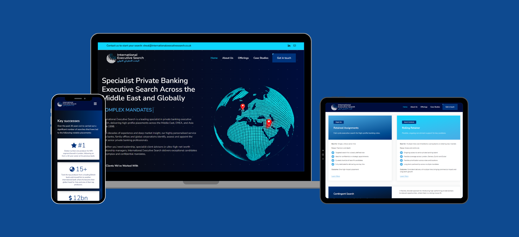 International Executive Search website case study by Chell Web & Design Feature image displaying snapshot of phone, desktop and tablet view