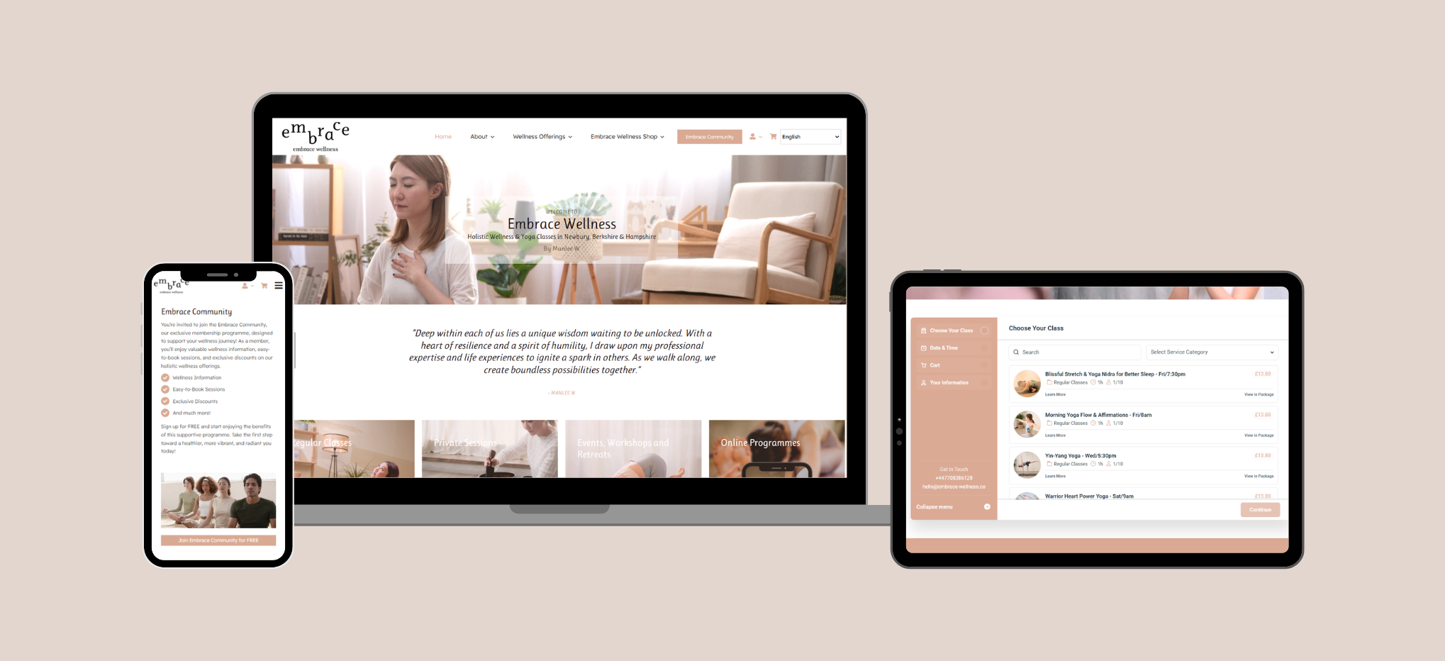 Embrace Wellness website snap shots in display of desktop, tablet and mobile