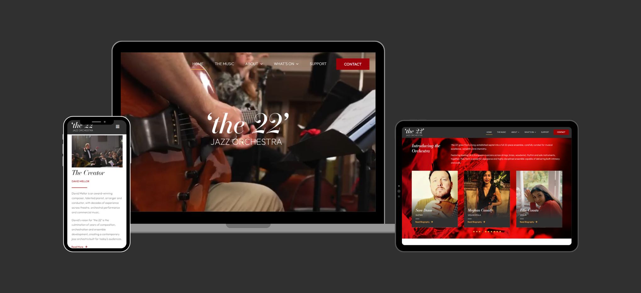 'the 22' Jazz Orchestra website case study by Chell Web & Design Feature image displaying snapshot of phone, desktop and tablet view