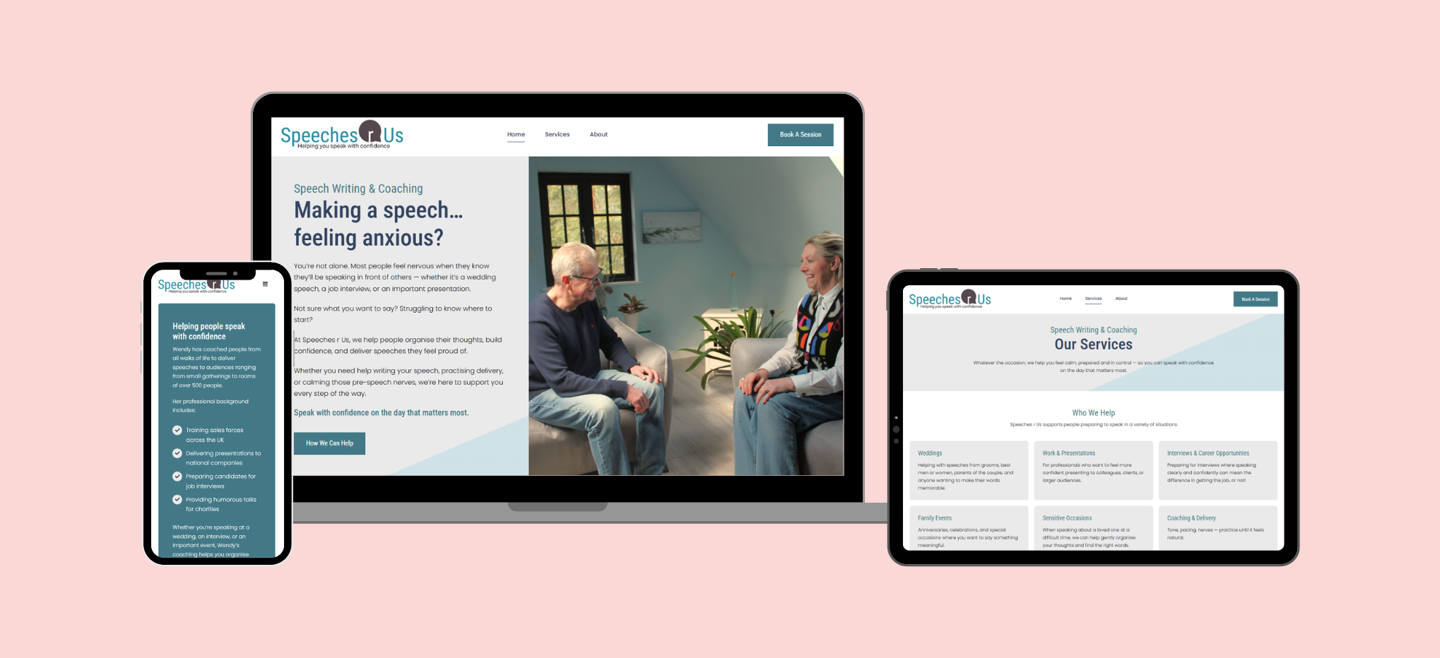 Speeches r Us website case study by Chell Web & Design Feature image displaying snapshot of phone, desktop and tablet view