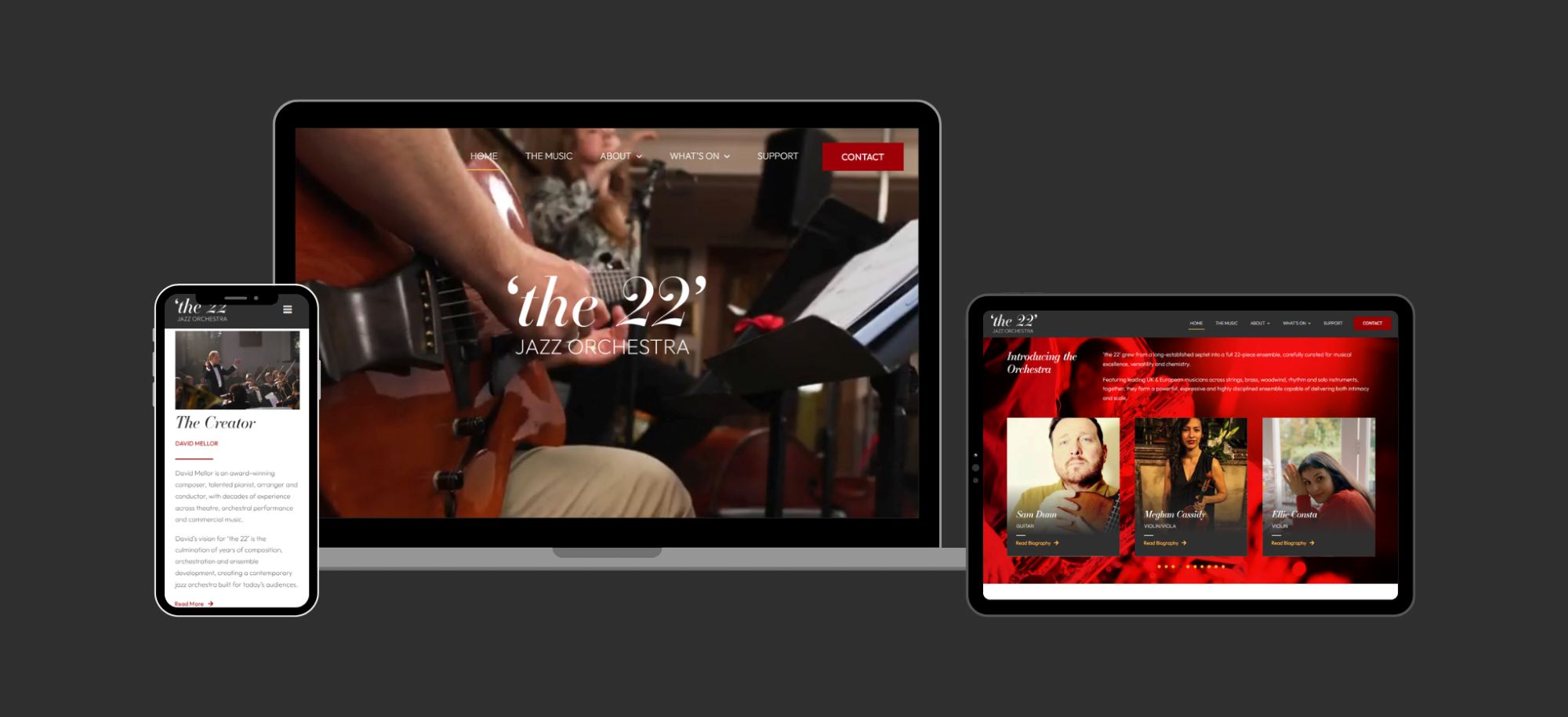 'the 22' Jazz Orchestra website case study by Chell Web & Design Feature image displaying snapshot of phone, desktop and tablet view